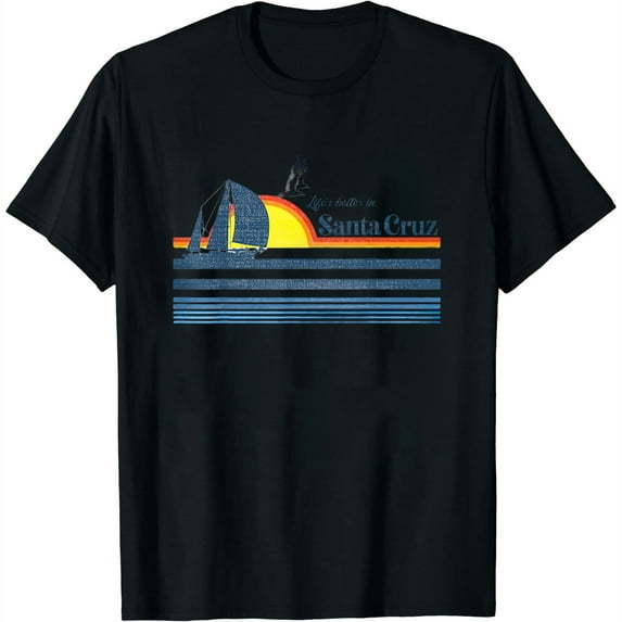 Womens Santa Cruz Beach Retro 70s 80s 90s Sailing Boat Sunset Surf T-Shirt Black Large