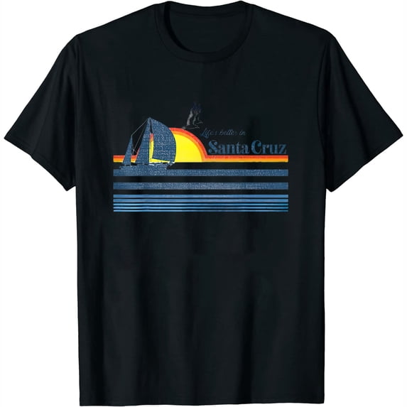 Womens Santa Cruz Beach Retro 70s 80s 90s Sailing Boat Sunset Surf T-Shirt White 4X-Large