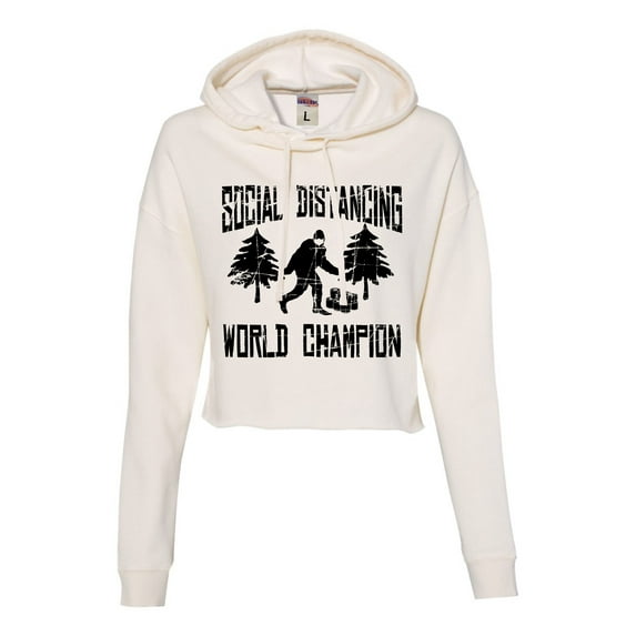 Womens Sasquatch Social Distancing World Champion Bigfoot Cropped Hooded Sweatshirt
