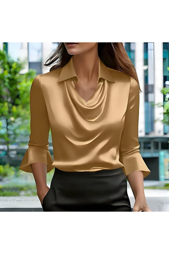 Womens Satin Blouse 3/4 Sleeve Cowl Neck Elegant Office Shirts Slim Fit Silk Pullover Business Casual Dressy Tunic Tops Gold 2XL