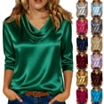 thumbnail image 1 of Womens Satin Blouse Cowl Neck Draped Silky 3/4 Long Sleeve Dressy Tops Trendy Fashion Business Casual Outfit #02Blue 2XL, 1 of 7