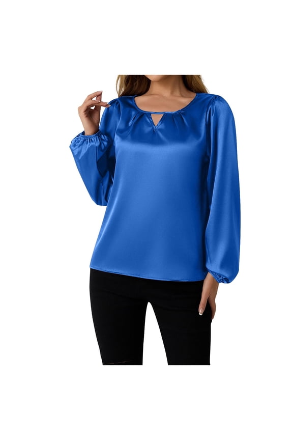Womens Satin Blouse Long Sleeve Round Neck Dressy Chiffon Tops Casual Elegant Work Office Shirt