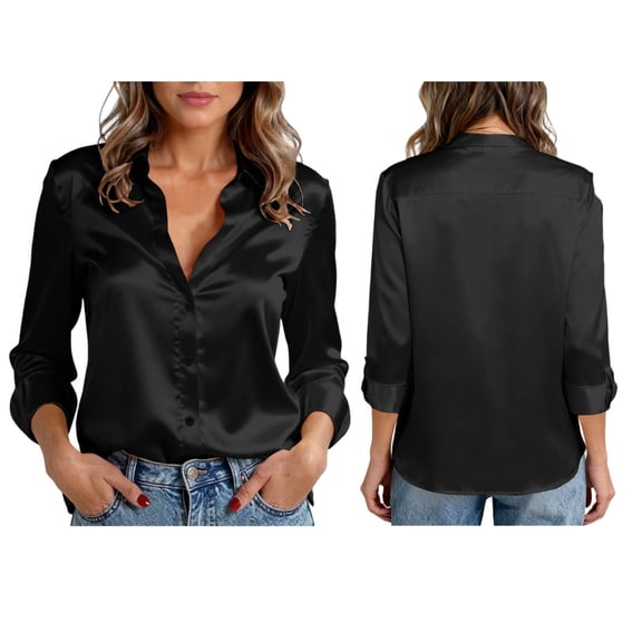 Womens Satin Button Down Shirt Business Casual Long Sleeve Silk Blouse Collared Curved Hem Slim Fit Office Work Tops Black L