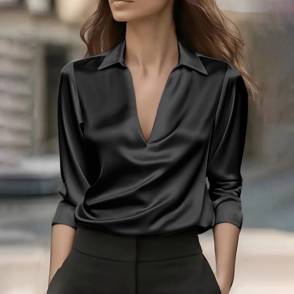 Womens Satin Button Down Shirts Work Casual Blouses Shirt Collar Long Sleeve Tops 2025 Black