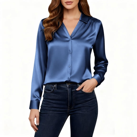 Womens Satin Button down Shirts, Work Casual Dressy Blouses, Shirt, Fall Collar Long Sleeve Tops