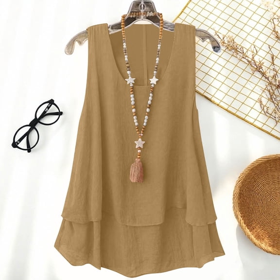 Womens Satin Camisole Tank Tops Long Women's Sleeveless Linen Tank Tops Double Layered Casual Blouse Tunic Shirt Summer Flowy Beach Travel Cami T-Shirt Beige XL