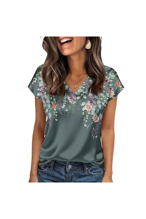Womens Satin Casual Top V Neck Short Sleeve Floral Lightweight Dark Green XXL