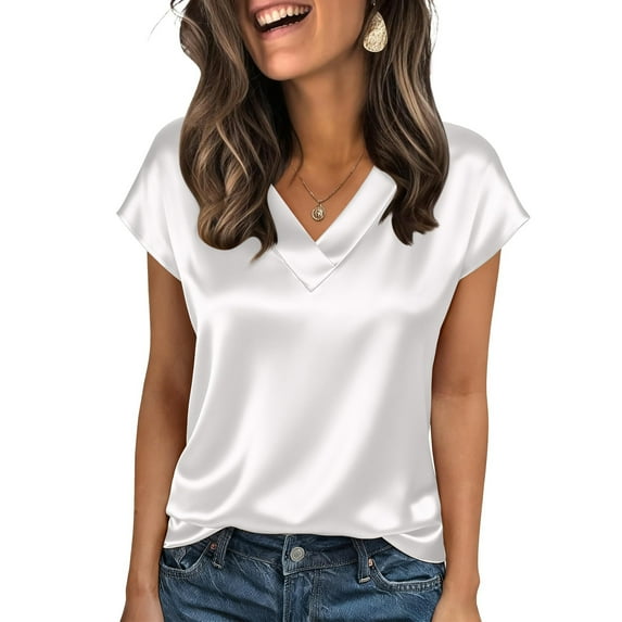 Womens Satin Draped Blouse for Office - Short Sleeve Turndown Collar Top, Wrinkle-Resistant & Breathable for Business Casual Work Wear | Satin Blouses for Women, Short Sleeve Tops for Women White 2XL