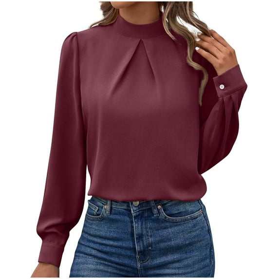 Womens Satin Dressy Blouses, Long Sleeve Shirts for Women Fall Casual Vintage Solid Color High Neck T-Shirt Tops S-XL