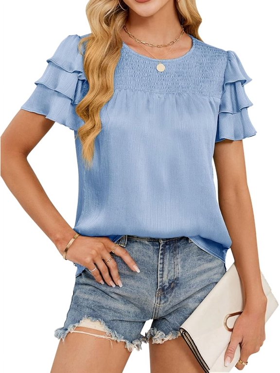 Womens Satin Dressy Casual Blouses Ruffle Sleeve Textured Tops Shirred Summer Shirt Blue M