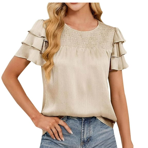 Womens Satin Dressy T-Shirt Casual Ruffle Sleeve Textured Tops Summer Back Button Fashion Shirt ,Beige,M