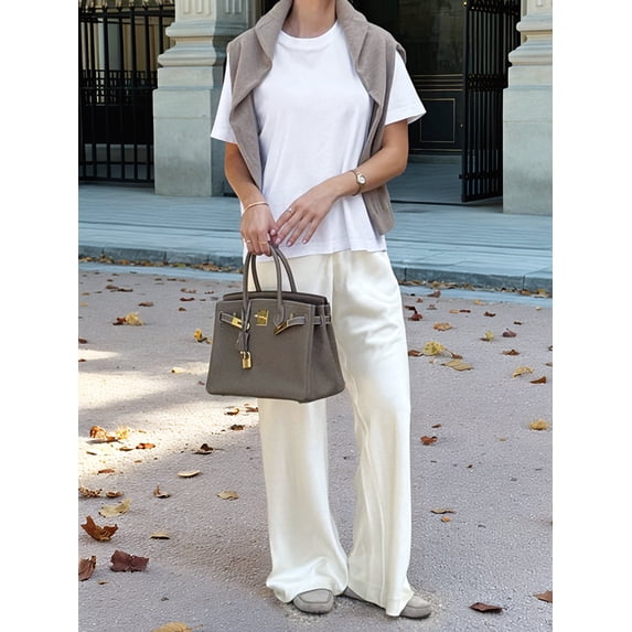 Womens Satin Elastic Waist Wide Leg Long Pants Beige S