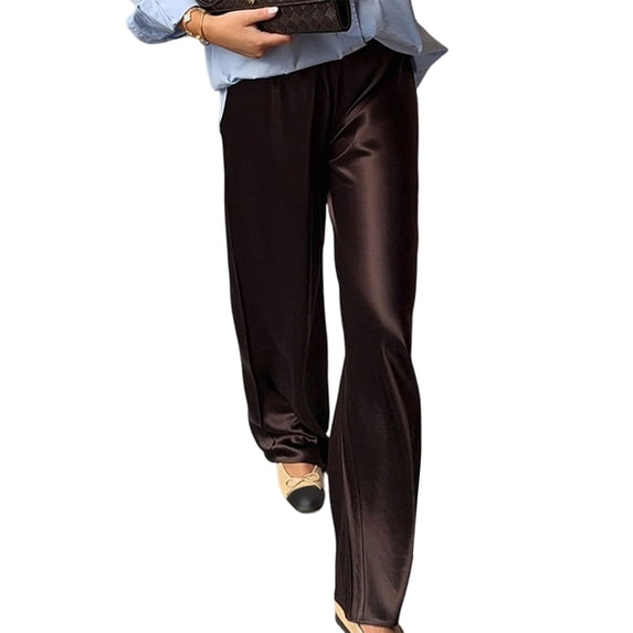 Womens Satin Elastic Waist Wide Leg Long Pants Brown L
