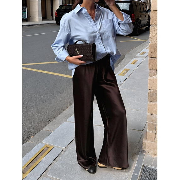 Womens Satin Elastic Waist Wide Leg Long Pants Brown S