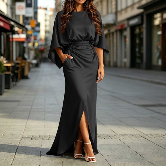 Womens Satin Formal Maxi Dress Batwing Sleeve Ruched Waist Side Slit Evening Gown with Pockets, Elegant Wedding Guest Dress for Party Banquet Prom Black XXL