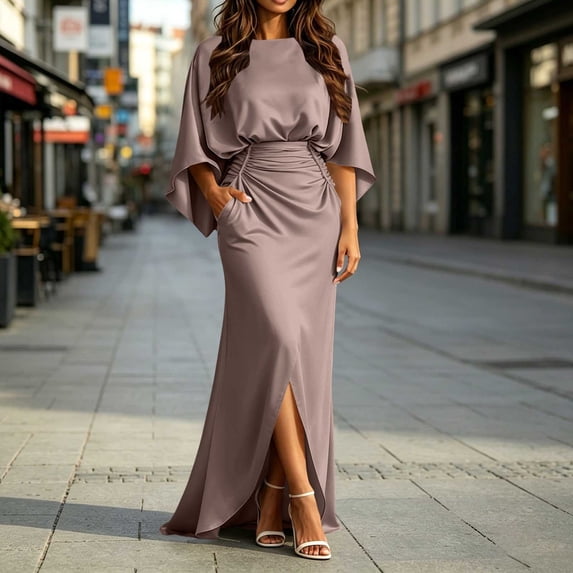 Womens Satin Formal Maxi Dress Batwing Sleeve Ruched Waist Side Slit Evening Gown with Pockets, Elegant Wedding Guest Dress for Party Banquet Prom Taupe XL