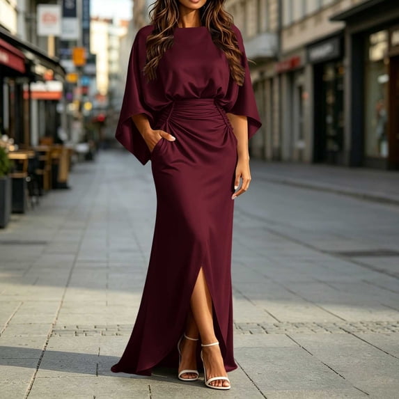 Womens Satin Formal Maxi Dress Batwing Sleeve Ruched Waist Side Slit Evening Gown with Pockets, Elegant Wedding Guest Dress for Party Banquet Prom Wine M