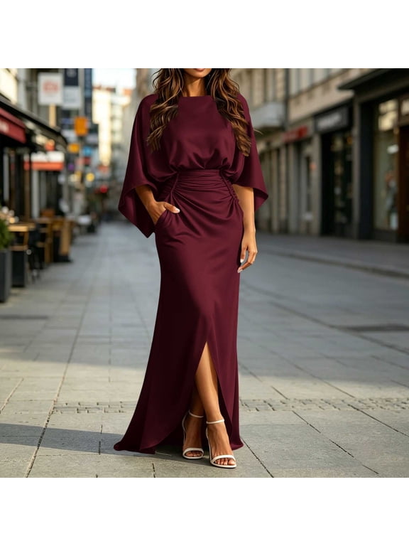 Womens Satin Formal Maxi Dress Batwing Sleeve Ruched Waist Side Slit Evening Gown with Pockets, Elegant Wedding Guest Dress for Party Banquet Prom Wine XL