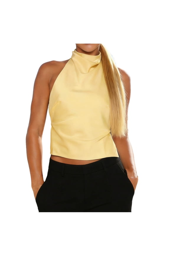 Womens Satin Halter Neck Top Backless Tie Back Sleeveless Blouse Solid Color Casual Going Out Top Yellow