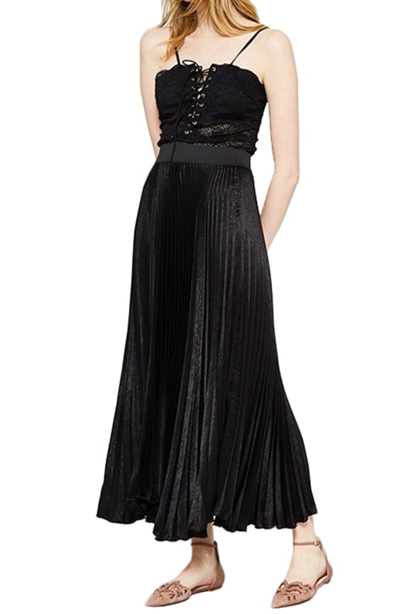 Womens Satin High Waist Elastic Band Midi Ladies Pleated Circle Skirt