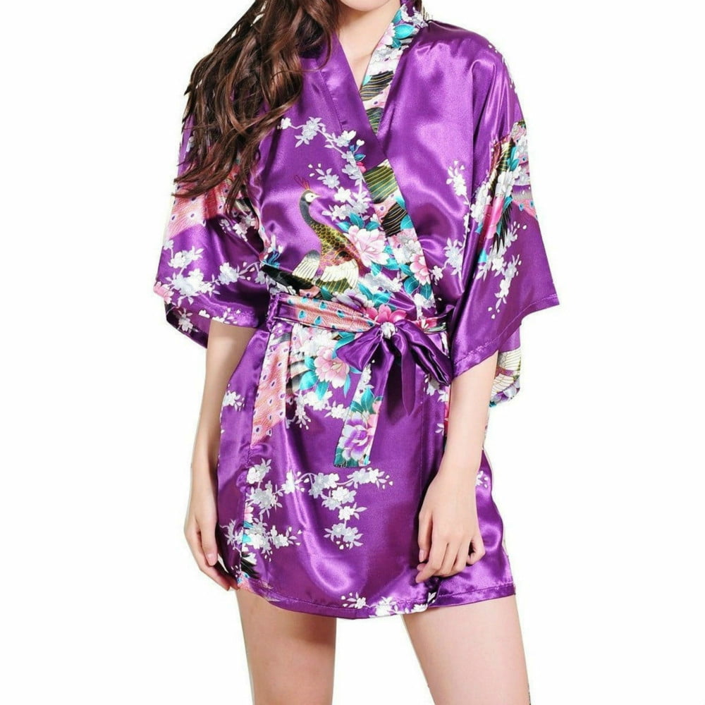 Womens Satin Japanese Peacock Kimono Dressing Gown Bath Robe Babydoll ...