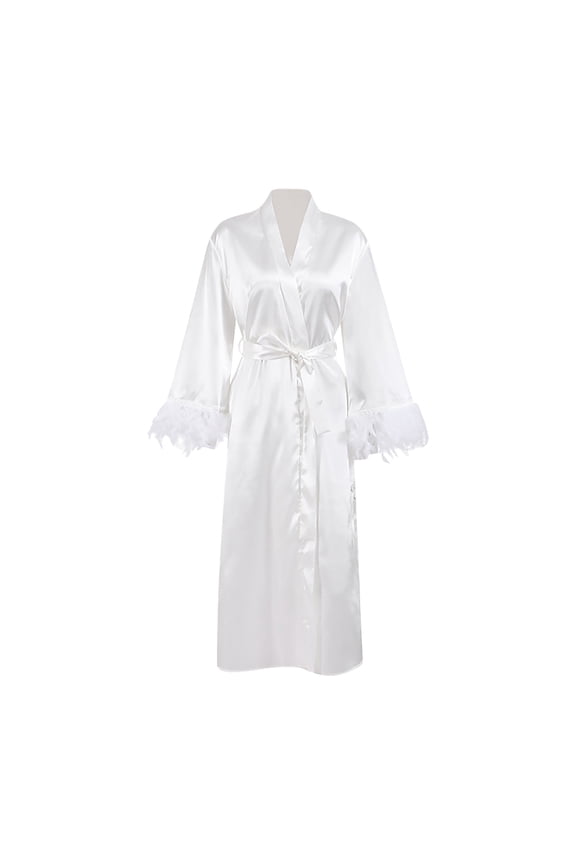 Womens Satin Kimonos Robe Long Bathrobe Sleepwear Bride Wedding Bridesmaid Dressing Gown Nightgown with Built in Bra White L