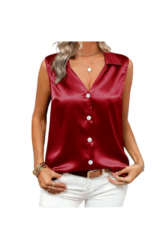 Womens Satin Lapel Tank Tops, Sleeveless Shirts for Women Business Casual Solid Color V Neck Button Down Dressy Blouses Tanks