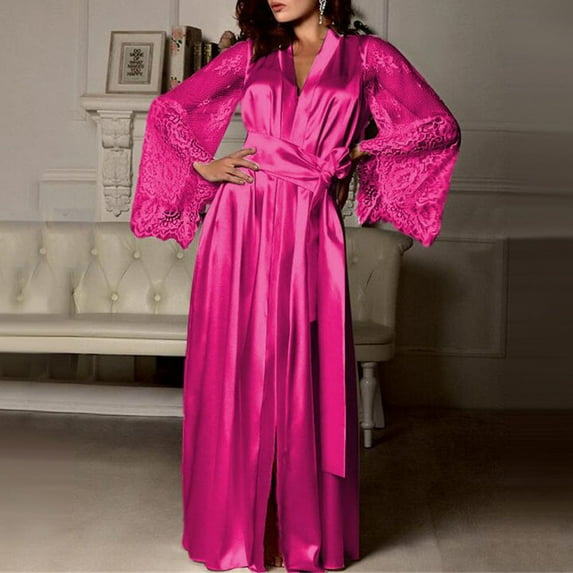 Womens Satin Long Nightdress Ultra Soft Silk Lace Lingerie Nightgown Sleepwear Elegant Robe Hot Pink S