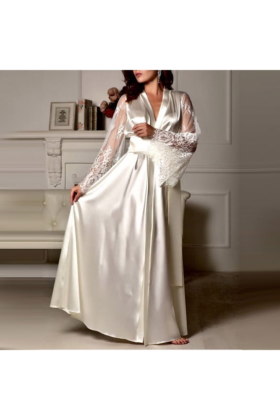 Womens Satin Long Nightdress Ultra Soft Silk Lace Lingerie Nightgown Sleepwear Elegant Robe White L