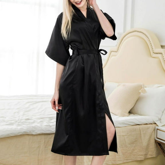 Womens Satin Long Robe Wedding Dressing Gown Sleepwear Lingerie Nightdress