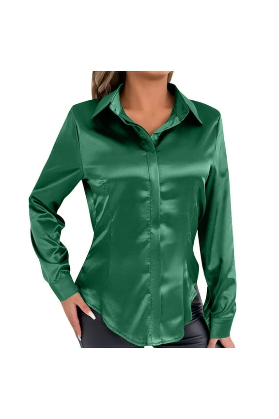 Womens Satin Long Sleeve Work Shirts Button Down Business Office Tops Dressy Casual Collared Blouse 2025 Trendy Shirt Green S
