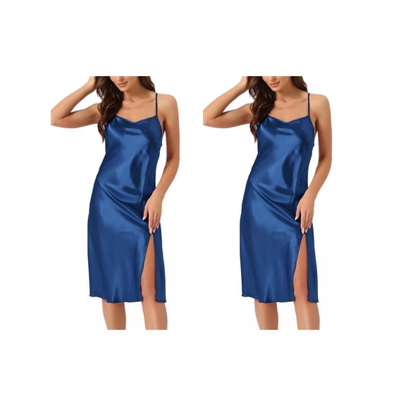 NOMADIC NOOK Women's Satin Nightdress Sleeveless Backless Slit Silky Midi Nightgown X-Small Black 2 Pack Blue Small