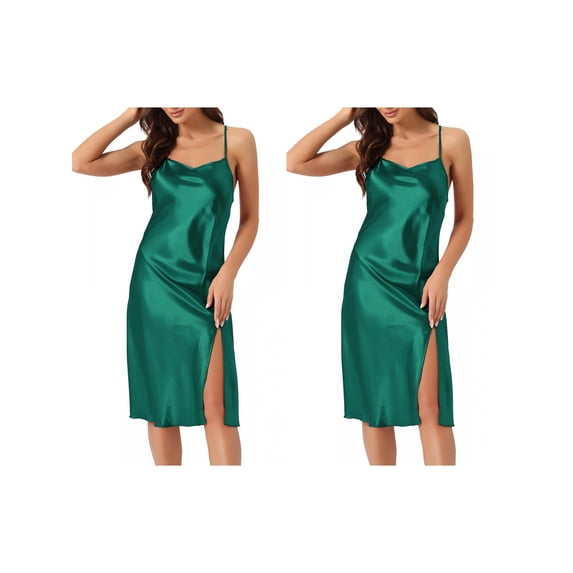 NOMADIC NOOK Women's Satin Sleep Dress Sleeveless Cowl Neck Silky Midi Nightgown with Thigh Slit Soft Lounge Wear 2 Pack Green X-Large