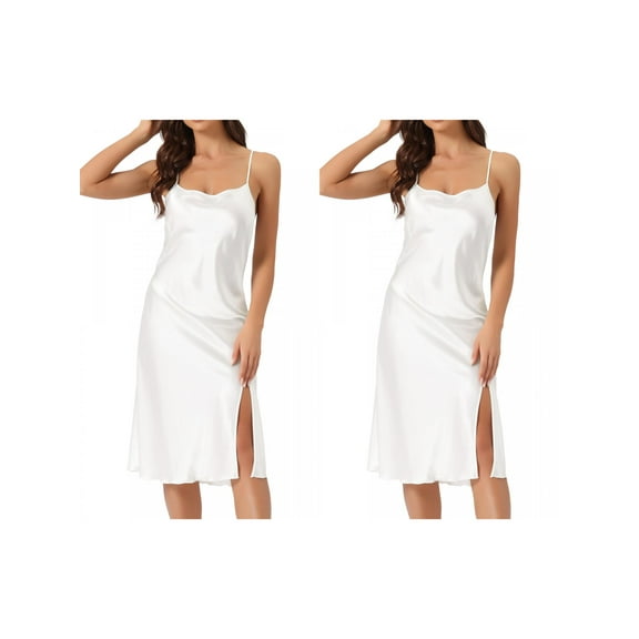 NOMADIC NOOK Women's Satin Nightdress Sleeveless Backless Slit Silky Midi Nightgown X-Small Black 2 Pack White X-Small