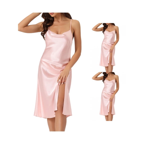 NOMADIC NOOK Women's Satin Nightdress Sleeveless Backless Slit Silky Midi Nightgown X-Small Black 3 Pack Pink Medium