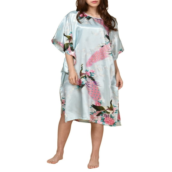 Womens Satin Nightgown, Floral Print Kaftan Sleepwear, One Size Fits up to 16/18