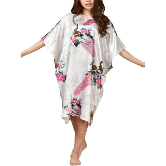 Womens Satin Nightgown, Floral Print Kaftan Sleepwear, One Size Fits up to 16/18