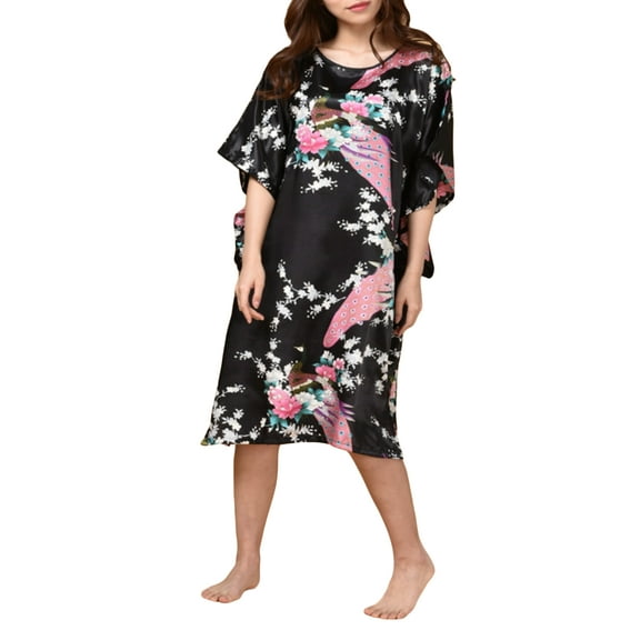 Womens Satin Nightgown, Floral Print Kaftan Sleepwear, One Size Fits up to 16/18