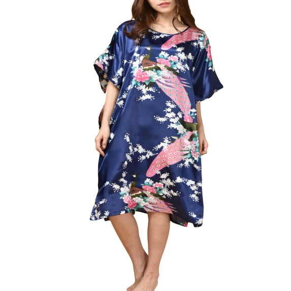 Womens Satin Nightgown, Floral Print Kaftan Sleepwear, One Size Fits up to 16/18
