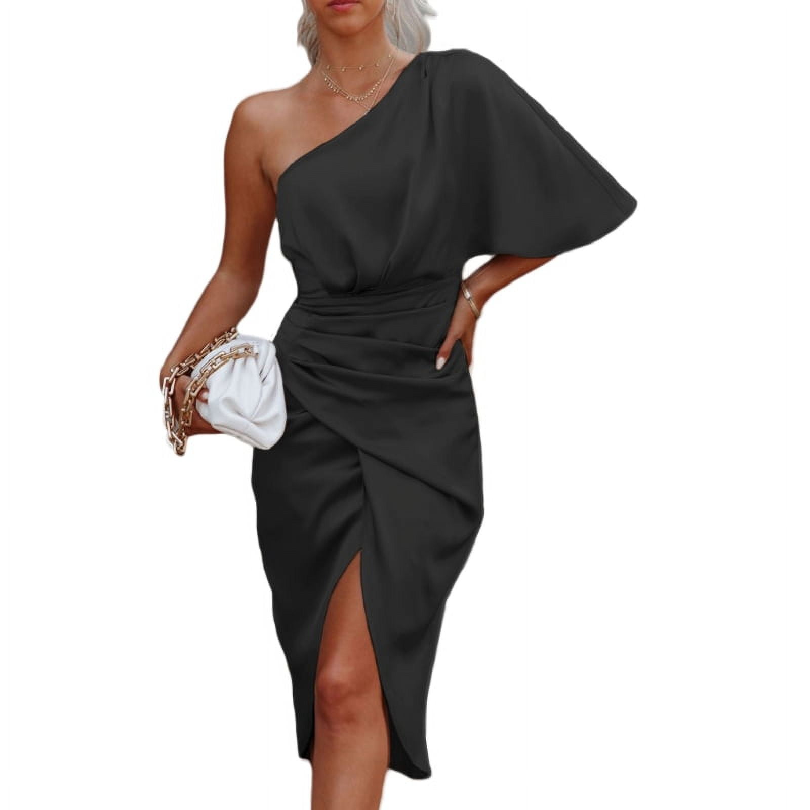 Womens Satin One Shoulder Batwing Sleeve Ruched Bodycon Midi Long Dress  Asymmetrical Wrap Front Cocktail Party Dresses - Walmart.com