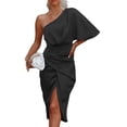thumbnail image 1 of Womens Satin One Shoulder Batwing Sleeve Ruched Bodycon Midi Long Dress Asymmetrical Wrap Front Cocktail Party Dresses, 1 of 21