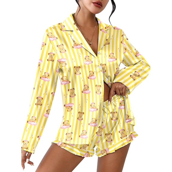 Womens Satin Pajama Set 2 Piece Silk Pajamas for Women, Long Sleeve Button Down Sleepwear with Shorts, Soft Lounge Set Womens Nightwear