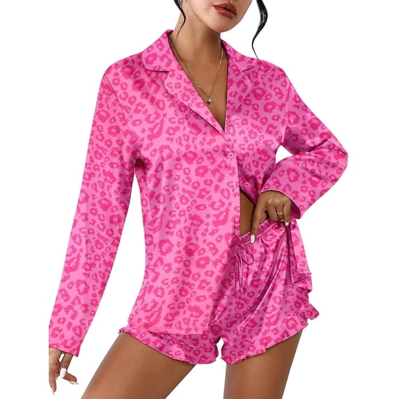 Womens Satin Pajama Set 2 Piece Silk Pajamas for Women, Long Sleeve Button Down Sleepwear with Shorts, Soft Lounge Set Womens Nightwear