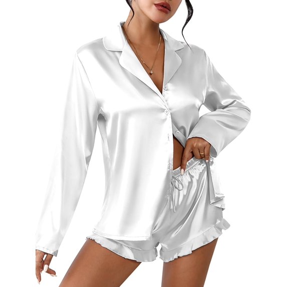 Womens Satin Pajama Set 2 Piece Silk Pajamas for Women, Long Sleeve Button Down Sleepwear with Shorts, Soft Lounge Set Womens Nightwear