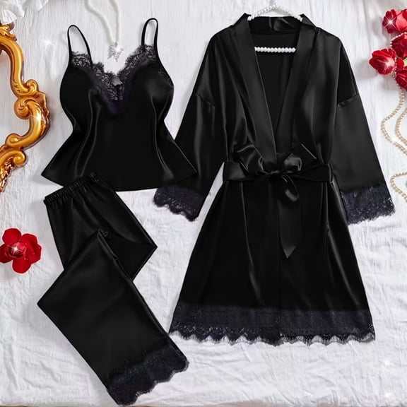 Womens Satin Pajama Set 3 Piece Lace Trim Cami Robe Casual Pants Tie Waist Pajamas Sleepwear Black L
