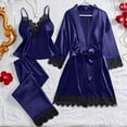 thumbnail image 1 of Womens Satin Pajama Set 3 Piece Lace Trim Cami Robe Casual Pants Tie Waist Pajamas Sleepwear Dark Blue XXL, 1 of 5