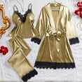 thumbnail image 1 of Womens Satin Pajama Set 3 Piece Lace Trim Cami Robe Casual Pants Tie Waist Pajamas Sleepwear Khaki L, 1 of 5