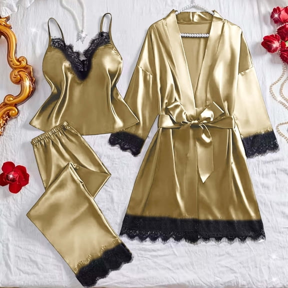 Womens Satin Pajama Set 3 Piece Lace Trim Cami Robe Casual Pants Tie Waist Pajamas Sleepwear Khaki XXL
