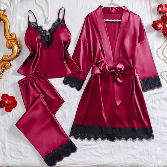 Womens Satin Pajama Set 3 Piece Lace Trim Cami Robe Casual Pants Tie Waist Pajamas Sleepwear Pinks XXL