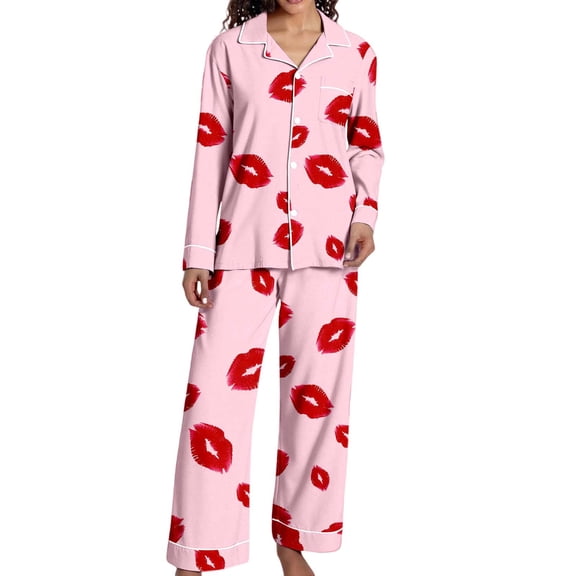 Womens Satin Pajama Set Kiss Print Valentine's Day Pajama Set Women Lapel Long Sleeve Breathable Soft All Season Pants and Top for Cozy Nights Ladies Pajamas Sets Pink XL